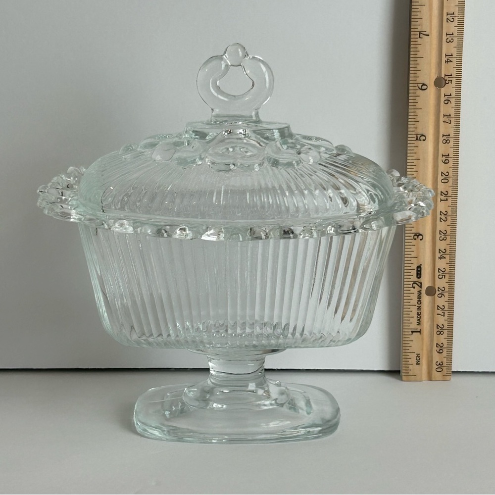 Vintage Indiana Clear Glass Ribbed Footed Lace Edge Lidded Candy Dish - Picture 2 of 10